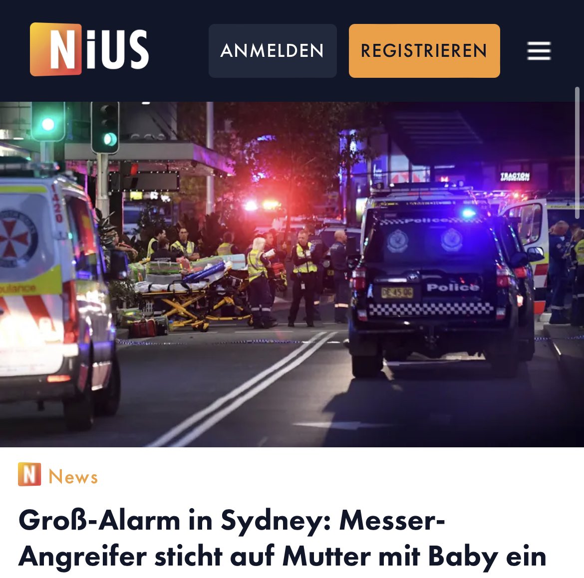niusde_'s tweet photo. In einem Einkaufszentrum in #Sydney hat ein Mann mit einem Messer wild um sich gestochen - unter anderem auf eine Mutter und ihren 9 Monate alten Säugling. 5 Menschen tot. #NIUS https://t.co/W99c5skMDn https://t.co/2RJbzJ2KSC
