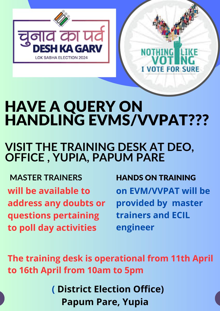 Training desk set up at DC-cum- DEO Office, Yupia, Papum Pare for attending to queries on EVM/VVPAT handling and poll day activities. The training desk is operational till 16th April, 2024 till 5pm. @ceoarunachal @ECISVEEP @ArunachalDIPR @CSArunachal @DistrictICC