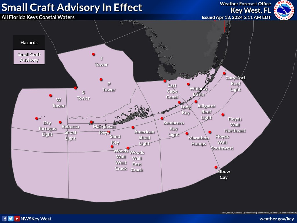 A Small Craft Advisory is in effect for all of the coastal waters surrounding the #FloridaKeys. North to Northeast winds of sustained 20 knots with occasional gusts to 25 knots can be expected this morning. More info: weather.gov/key/marine #FLwx #FLKeys