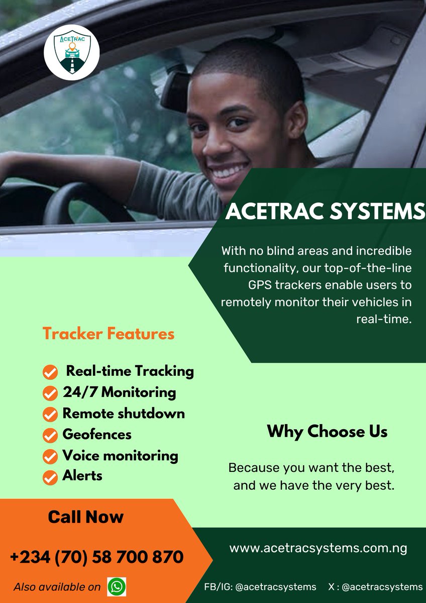 I sell and install GPS Trackers for cars, trucks and bikes.
Vehicular assets are costly and important for our day-to-day activities. So also is keeping them secured and ensuring their usage is in line with why it was bought.
DM <a href="/acetracsystems/">Acetrac Systems</a> or call/WhatsApp 07058700870.