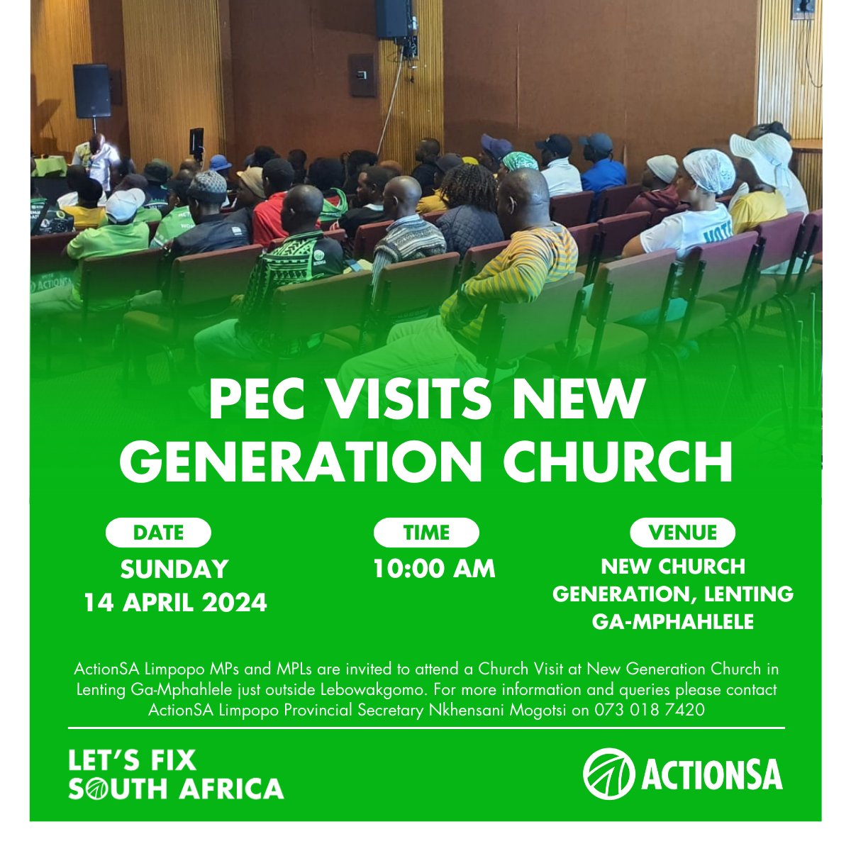 Tommorow I will be with @Action4SA Limpopo PEC members, MPs and MPLs candidates attending a church service at New Generation Church in Lenting, Ga-Mphahlele. Service starts at 10:00 AM @Action4SA @HermanMashaba @ME_Beaumont #TeamFixSA #LetsFixSA #GeneralElections2024
