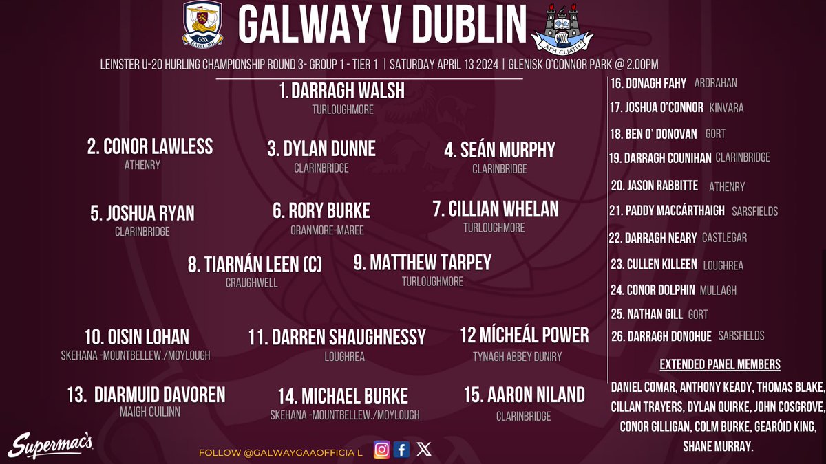 Best of luck to Moycullen's Diarmuid Davoren and all the Galway u20 hurling team as they take on Dublin today! Galway v Dublin 📍Glenisk O'Connor Park 📆Saturday 13 April 2024 🕑 2.00pm 🎟️Tickets on universe.com/events/oneills… 📺Watch on clubber.ie