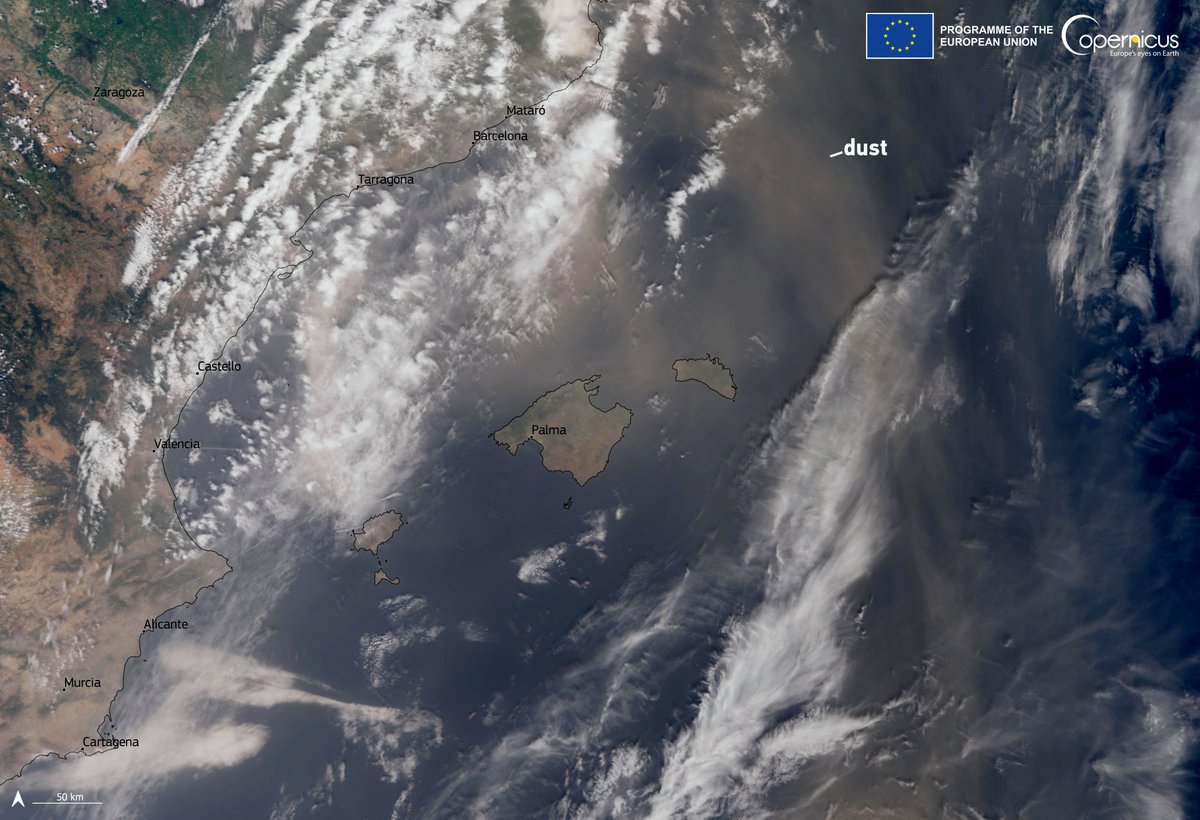 Majorca 🇪🇸 is an island in the Balearic Archipelago 🌊 With an average of over 300 days of sunshine per year, it is an ideal holiday destination 🌴 In the past days, the #AirQuality on the island has been affected by a #SaharanDust cloud ⬇️#Sentinel2 image acquired on 8 April