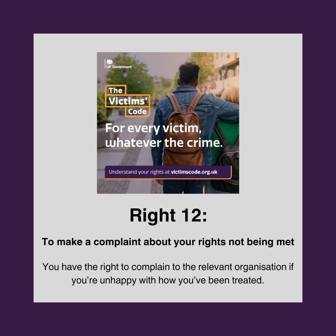 If a victim has not received any of their Rights under the Code, they can make a complaint to the relevant service provider. If they are not satisfied with outcome, they can ask their MP to refer complaint to @PHSOmbudsman ( NB: the MP filter will be removed with Victims’ Law).