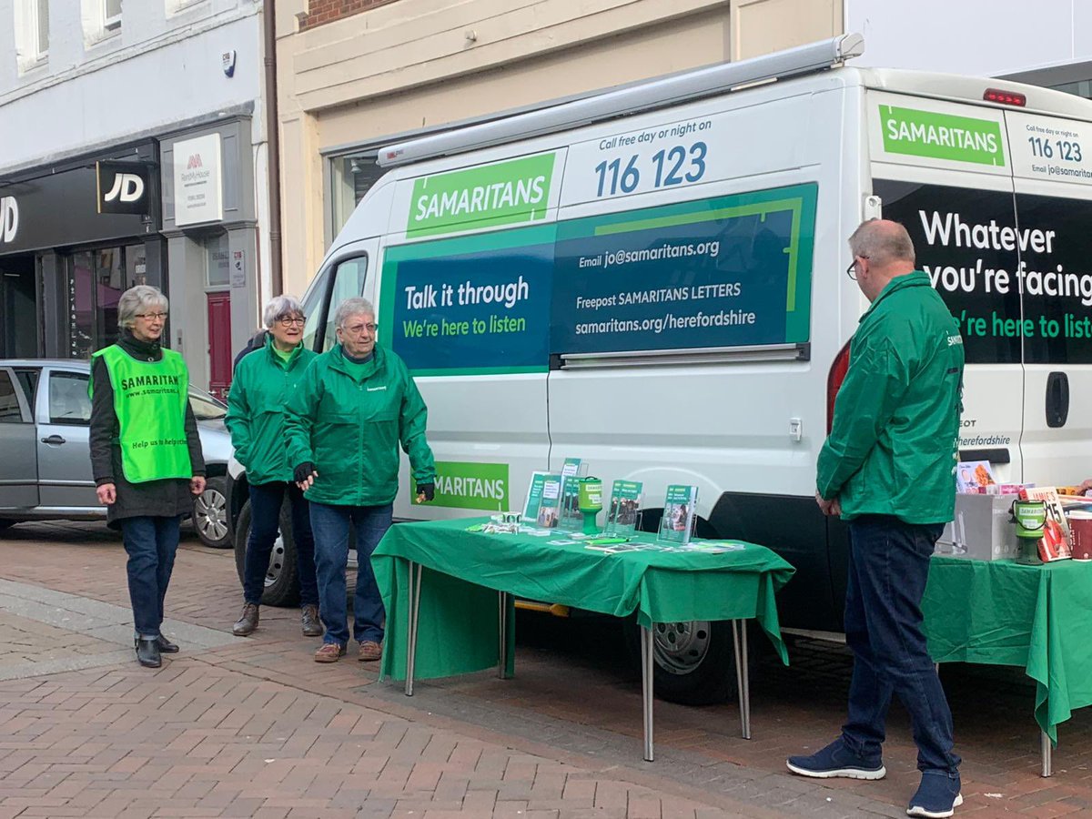 We’re out in Hightown #Hereford town centre today!Our lovely Volunteers along with our SAMS Van are there to talk to and to answer any questions about volunteering with our Hereford Branch at Berrington St. Come and say hello. 🚐💚#Herefordshire #community #HerefordSamaritans