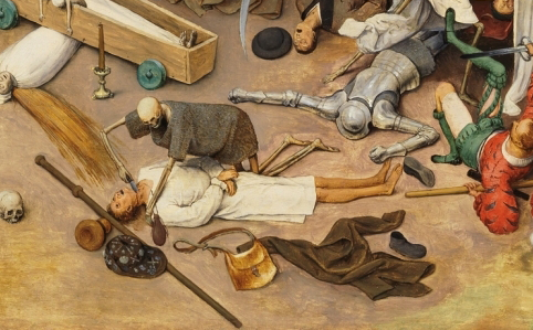 No Triunfo da morte, de Bruegel o Vello (@museodelprado), non me fixara nunca na posición principal do peregrino a Compostela, degolado por un esquelete. Atópase no centro e algo aillado da multitude e do caos xeral. Indica que Brueghel lle quixo dar unha gran relevancia.