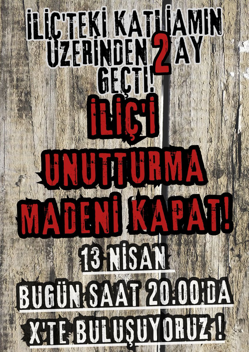 📢📢13 şubatta Erzincan İliç Çöpler Kompleks Altın Madeni’nde, Liç sahasında bulunan pasa dağının kayması sonucu yaşanılan katliamın üzerinden bugün 2 ay geçti. Unutmadık, bu maden kapatılana kadar da unutmayacağız demek için bugün saat 20.00'da X'te eylemdeyiz!