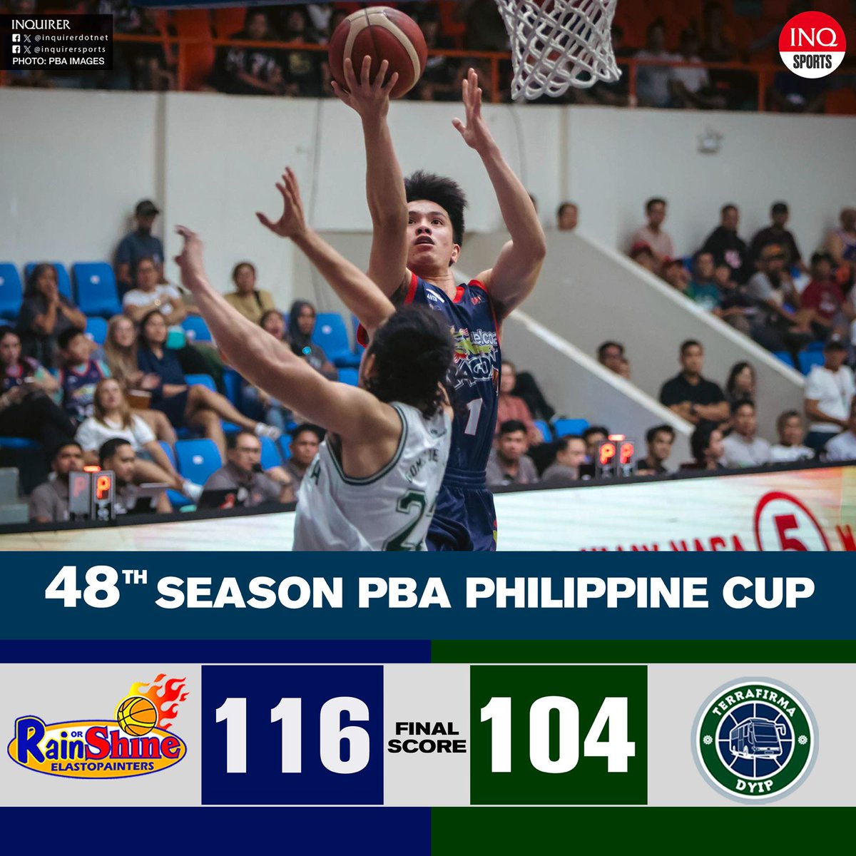 FINAL: Rain or Shine defeats Terrafirma, 116-104, to pick up its fourth straight win after a 0-4 start in the PBA Philippine Cup game at Caloocan Sports Complex. | @jonasterradoINQ