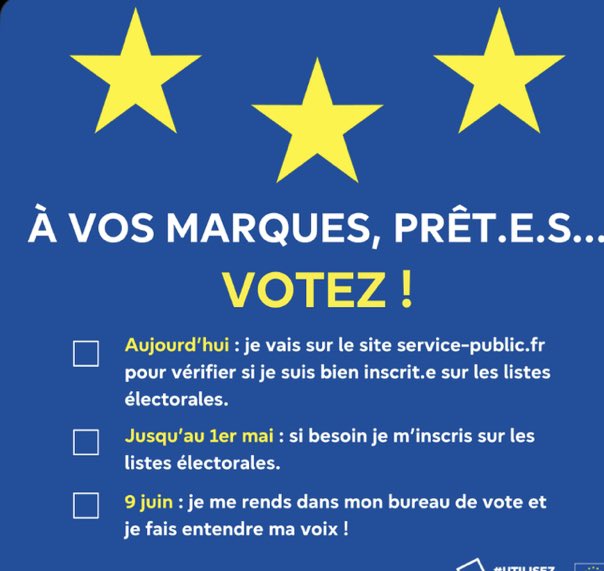 Plus que 20 jours pour vous inscrire sur les listes électorales !

📆 Inscription jusqu'au 1er mai (en ligne) et 3 mai (en mairie)

*Dans certaines régions ultrapériphériques et certains consulats, le vote aura lieu le 8 juin.

#europeennes2024 #UtilisezVotreVoix #electionsue2024