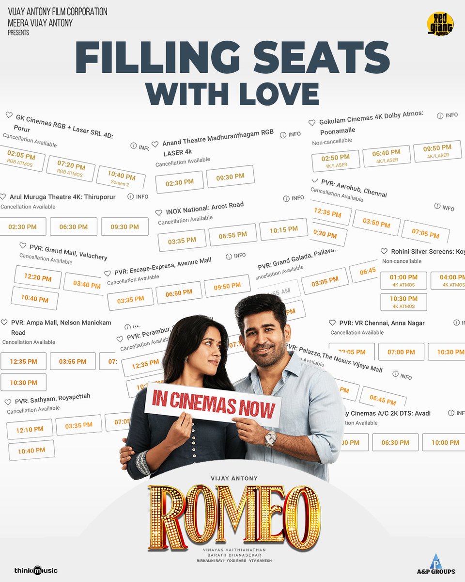 Grabbing hearts and filling shows 🌸

Watch #Romeo with your families and friends ❤️
🎫 tr.ee/dtK9l_VZjT
Book your tickets to the summer blockbuster.

#RomeoRunningSuccessfully @RedGiantMovies_ @aandpgroups @vijayantony @mirnaliniravi @actorvinayak_v