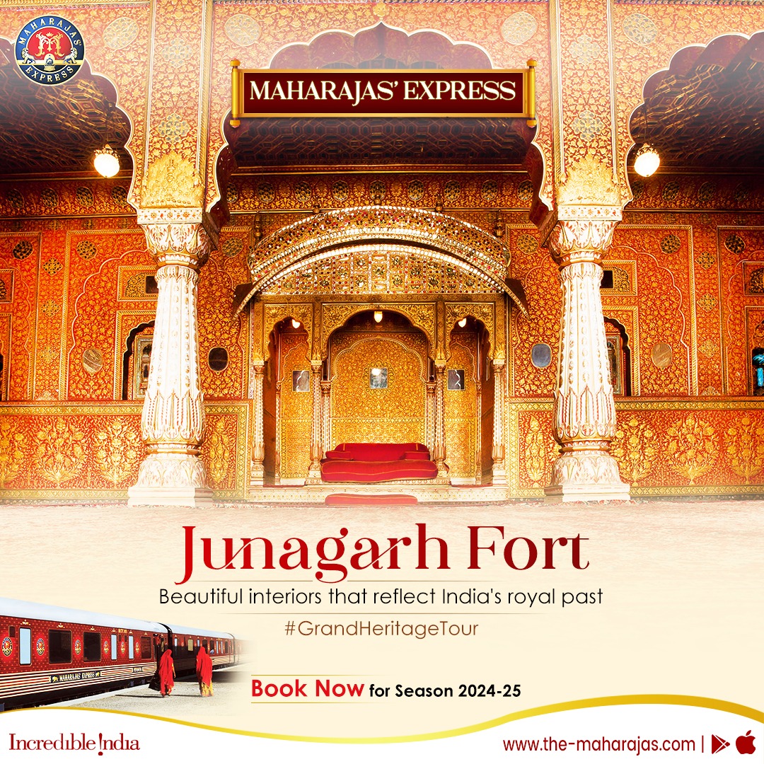 Marvel at the beautiful interiors of Junagarh Fort, one of India's most decorated forts. Book a #GrandHeritageTour aboard Maharajas' Express by clicking the-maharajas.com. #ADayWithMaharajasExpress #incredibleindia #india #maharajasexpress #LuxuryTrainTravel #maharajas