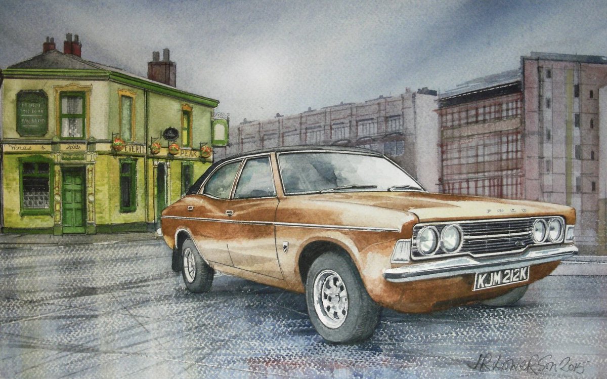 Two legends together 😍 … you can see more of John’s work here 👉 rb.gy/93n04l … motorbikes too @OwdAlbert 😉👍

Snuck off to the City (Watercolour on Paper) by John Lowerson
#Manchester #Ford #Cortina #Art