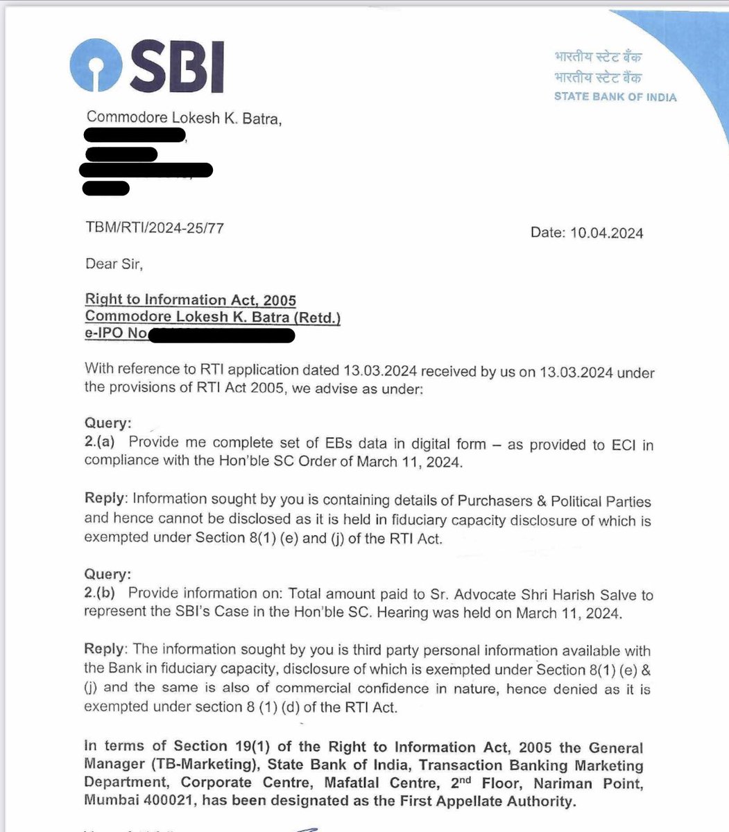 State Bank of India refuses to share information regarding fees paid to Sr Adv Harish Salve to represent it before the #SupremeCourt in the #ElectoralBonds case.

SBI says its third party information available with it under fiduciary capacity which is exempt from RTI Act.