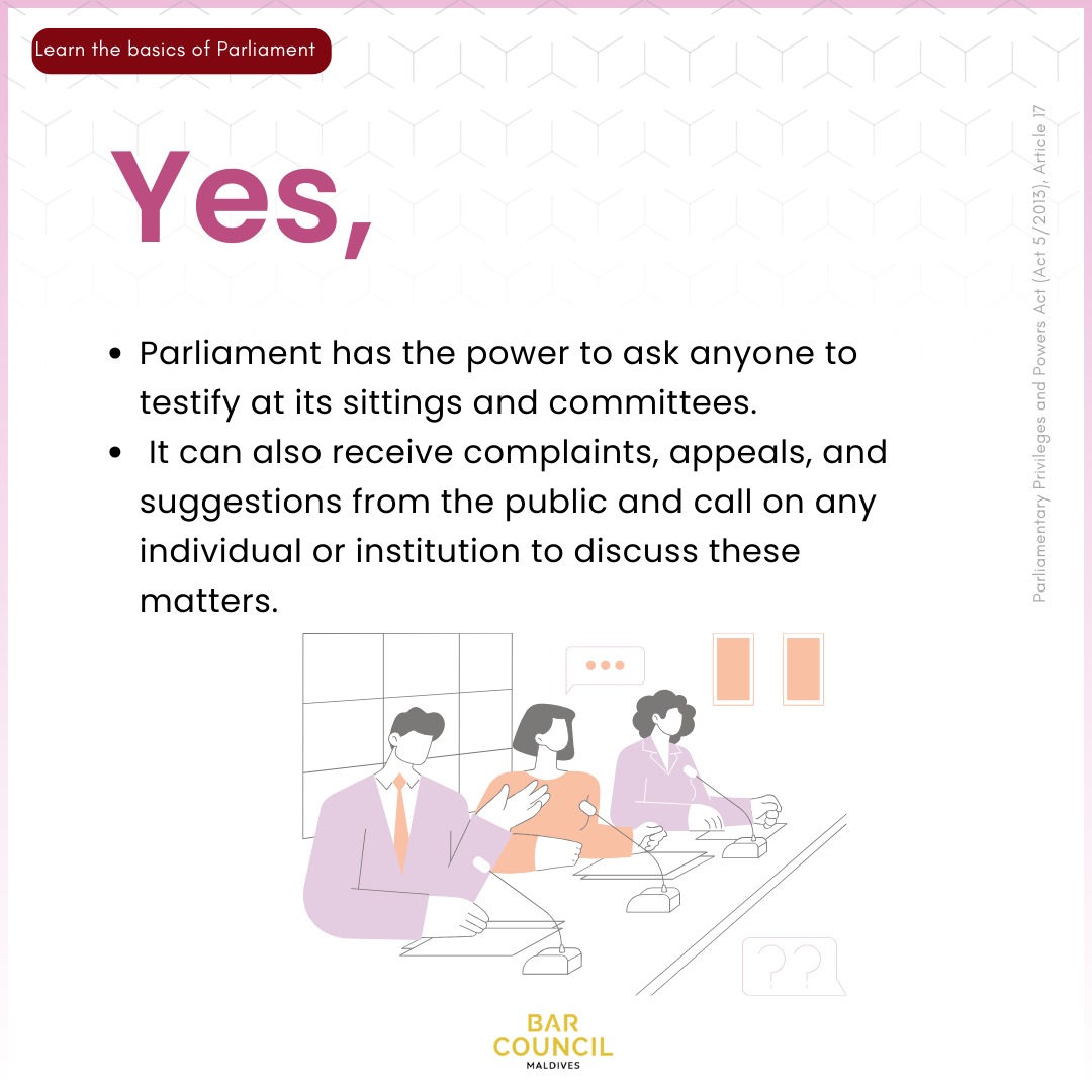 #Didyouknow that Parliament is mandated to receive your complaints, appeals, and recommendations? They also can call on anyone to testify at their meetings and committees to address these issues. #LegislativePower #BarCivicEd