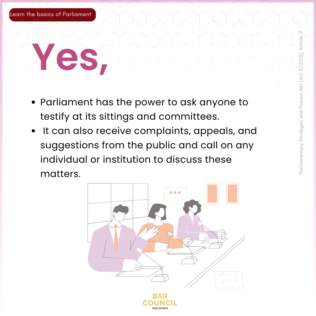 MvBarCouncil's tweet image. #Didyouknow that Parliament is mandated to receive your complaints, appeals, and recommendations? They also can call on anyone to testify at their meetings and committees to address these issues. 
#LegislativePower #BarCivicEd