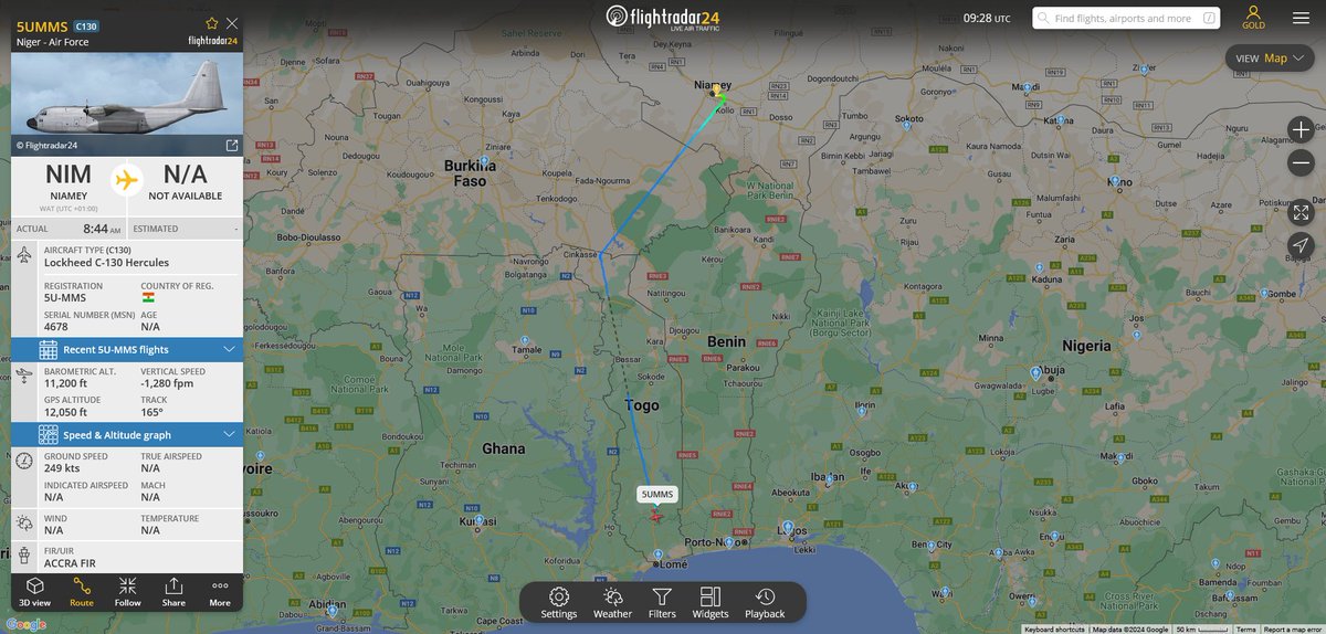 #Niger🇳🇪 US🇺🇸 military contractor 'Academy Resources LLC' Beech King Air 350C (reg. N549AR) flew this morning from AB 201 in Agadez to Niamey & is currently returning, after a week on the ground. Niger Air Force C-130H (reg. 5U-MMS) is currently flying from Niamey to Lomé🇹🇬.