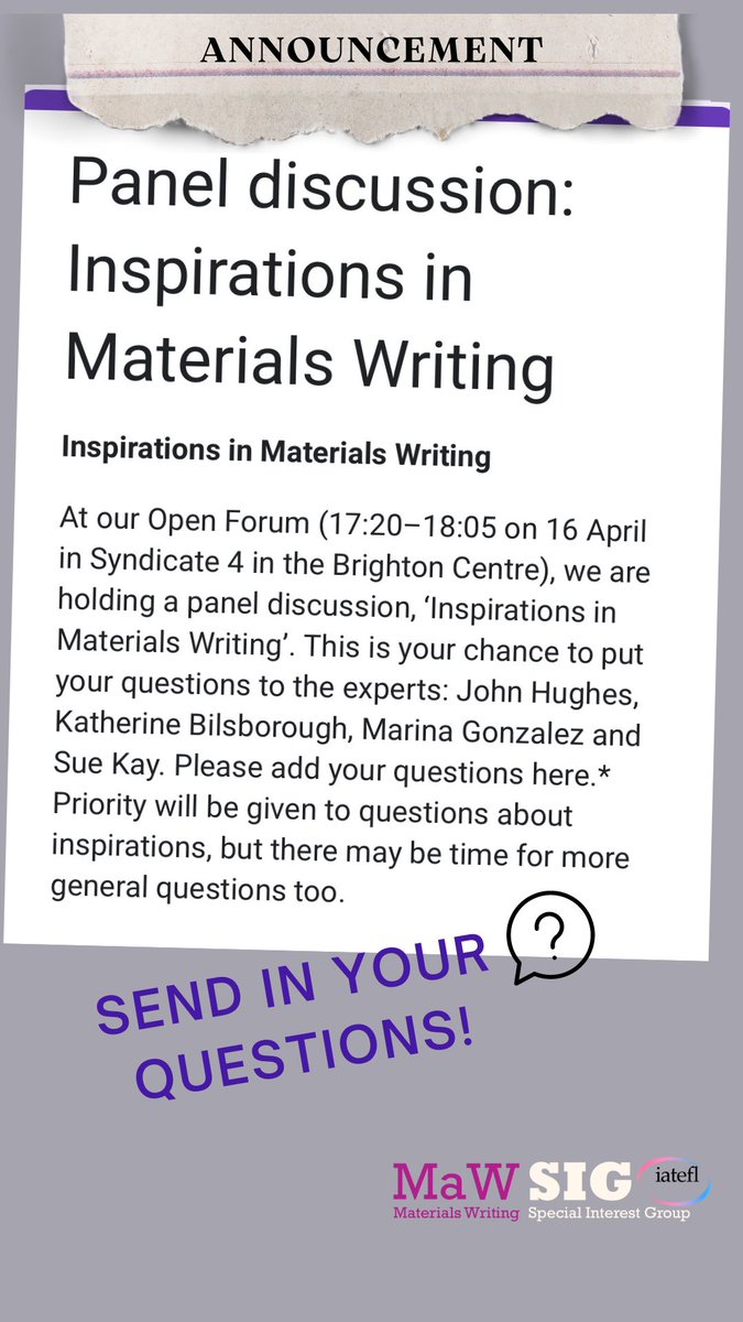 MaWSIG's tweet photo. We look forward to seeing you at the MaWSIG panel discussion on 16 April at 17.20 in Syndicate 4 in the Brighton Center. Send in your questions for the panel.
Link here: https://t.co/xfIq12UOVy
#iateflconference #iatefl2024 #iateflbrighton #mawsig #mawsigpce #mawsigiatefl https://t.co/RHT9lgyvLF