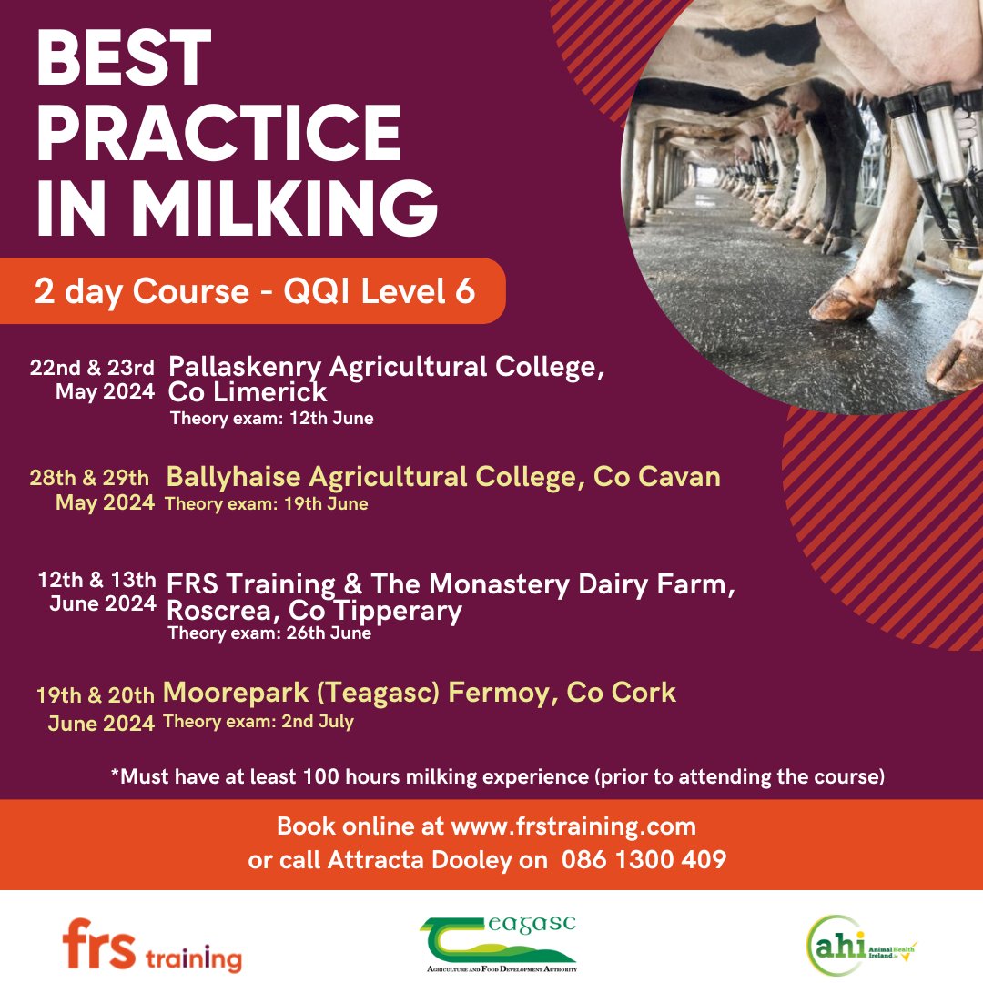 Best Practice in Milking course is delivered in conjunction with @animalhealthire and @FRSTraining. The next course is taking place in Limerick, Cavan, Tipperary and Cork. Find out more or book online here bit.ly/3G8KJbb