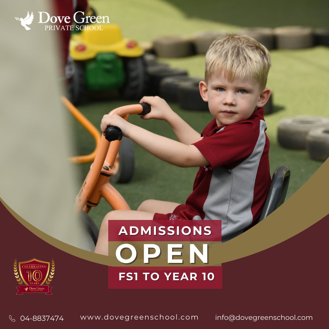Admissions are now open for 2024 -2025 for FS1 to Year 10. Enrol now as seats are limited and open your child's world to a wonderful learning journey. Contact us on info@dovegreenschool.com or call / +971 56 4648707 / +971 4883 7474