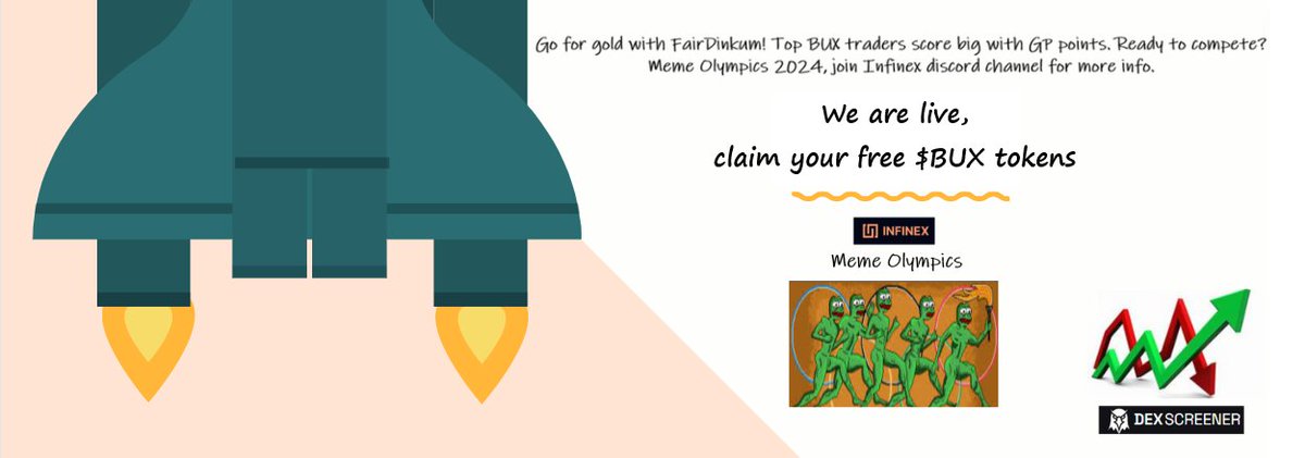 Live on dexscreener.  

1) Follow &amp; Retweet

2) Go to infinex discord to claim your BUX tokens for free: discord.gg/8dVDnf9x 

3)Trade fairdinkum on dexscreener to win big: dexscreener.com/base/0x1accb16…… 

#infinex #memeolympics #BUX