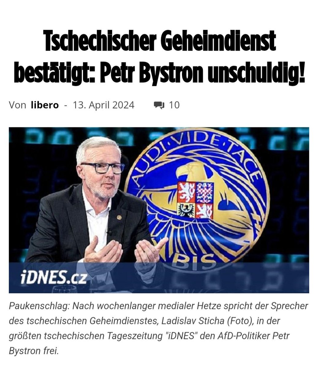 Laut Bericht der größten tschechischen Tageszeitung wurde der Name Petr #Bystron vom Geheimdienst NICHT genannt.
Es sieht also danach aus, dass es sich - ähnlich wie bei #Correctiv - lediglich um eine weitere Verleumdungskampagne gegen die #AfD handelt. 🤨
pi-news.net/2024/04/tschec…