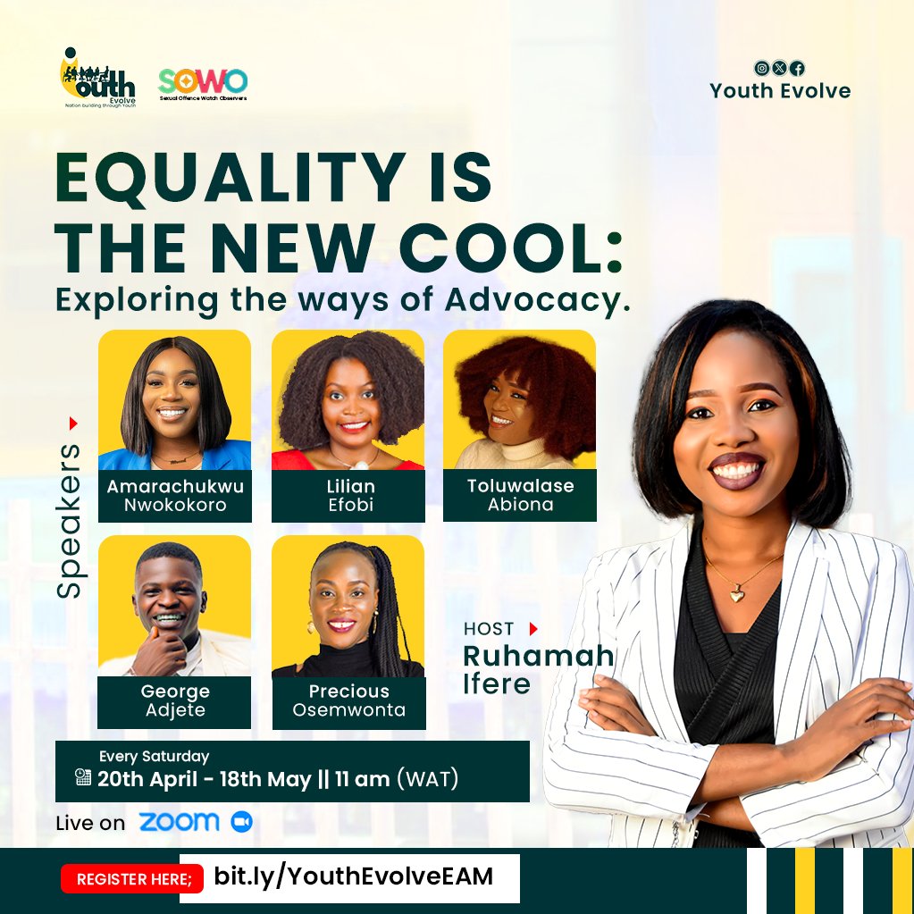 theyouthevolve's tweet photo. The Youth Evolve (TYE) is thrilled to present the 2024 Equality Advocate Masterclass 

Join this Five week series of classes crafted to provide tailored training for African youth passionate about Gender  Equality and Peacebuilding. Focused on five critical areas (SRHR, https://t.co/7g13OneX0q