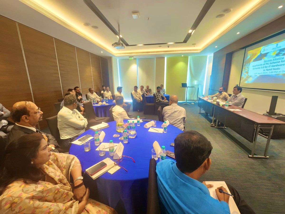 Review meeting chaired by Shri Sushil Pal, Joint Secretary, MeitY, with applicant companies of PLI Scheme for LSEM, PLI Scheme 2.0 for IT Hardware, and SPECS in Tamil Nadu. Companies shared their plans, progress, and discussed any challenges they're encountering. #PLIScheme