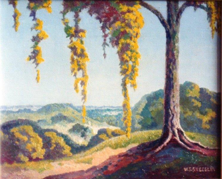Good morning, Kathryn @KathrynRimming1 & thank you, as always. Its a little bit early for Laburnam trees to be in flower but here's one in 'Littleton Panell' by Walter Steggles that most likely dates from the late 1970s or early to mid 1980s. #WalterSteggles #SaturdayMorning #ELG