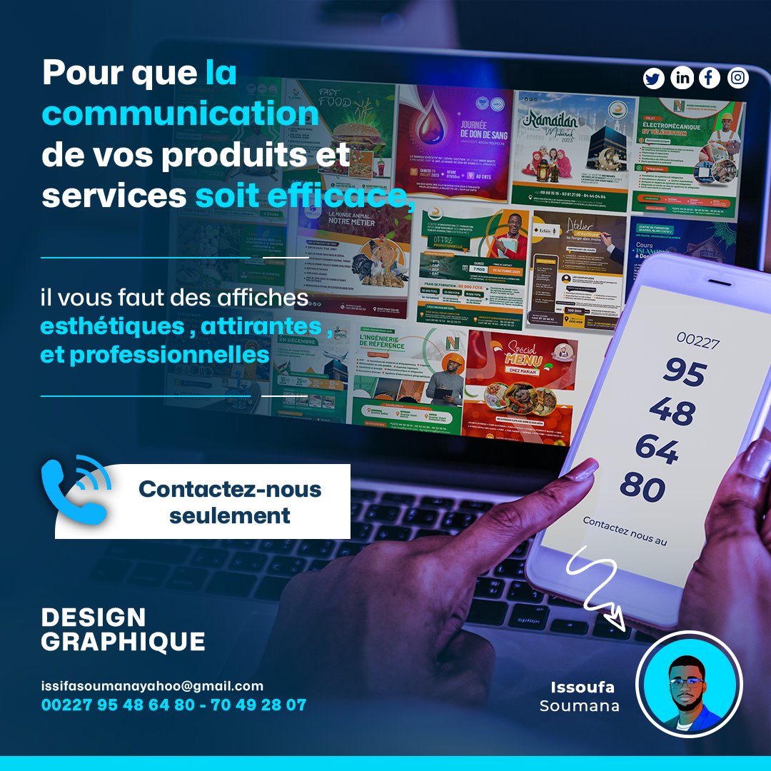 Issoufa_Soumana's tweet photo. Nous concevons pour vous des visuels captivantes pour rendre visibilité les services de votre entreprise sur les réseaux sociaux... ✨🌟

📍Contactez nous aux 
📲 (00227) 95 48 64 80 - 70 49 28 07

#designgraphique #visibilite #logo #design  #communicationdigitale #affiches https://t.co/J4bi0QvkyE