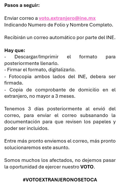 Mexicanos afectados por notificacion del @INE de no inclusion en la lista nominal para voto en el extranjero.
Comparto los pasos a seguir para solucionar este tema.

Somos muchos los afectados, compartan si es necesario.

<a href="/Juan_OrtizMX/">Juan Ortiz 🗳️👁‍🗨</a> <a href="/macciudadano/">Mac.</a> <a href="/AXL_BELFORT/">AXL</a> <a href="/JimenezLandin/">Héctor Jiménez Landín</a>