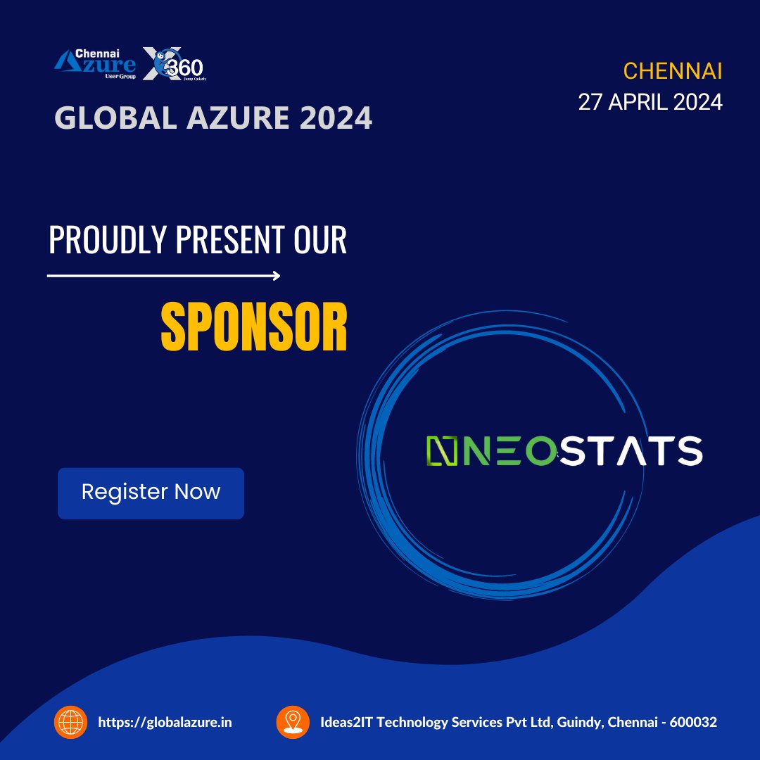 A heartfelt welcome to NeoStats Your support and enthusiasm for our event mean a great deal to us. 

Register: globalazure.in

#GlobalAzure #GlobalAzureChennai #MicrosoftAzure #Azure #ChennaiAzureUserGroup #XMonkeys360 #CloudNative #opensource #kubernetes #container