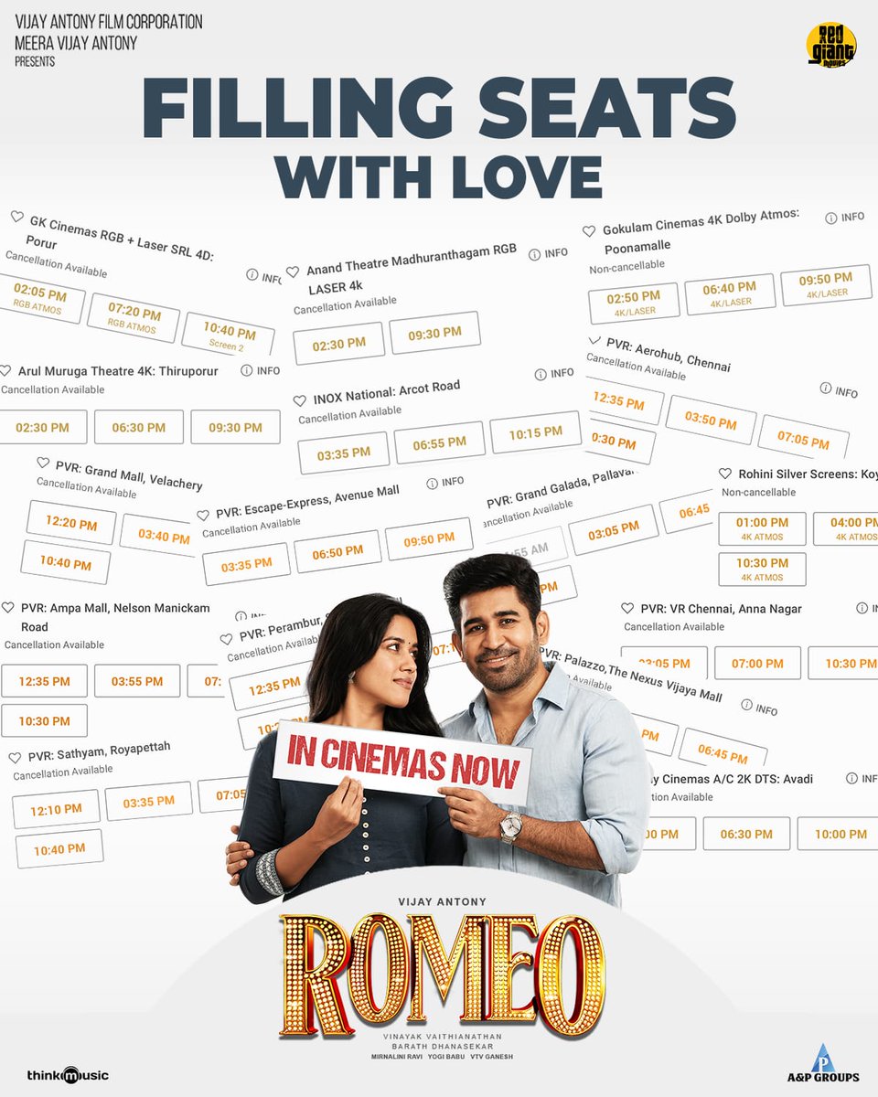 Grabs hearts and filling shows 🌸

Watch #Romeo with your families and friends ❤️ 
🎫 tr.ee/dtK9l_VZjT - Book your tickets to summer blockbuster.

#RomeoRunningSuccessfully @vijayantonyfilm @RedGiantMovies_ @aandpgroups @vijayantony @mirnaliniravi @actorvinayak_v