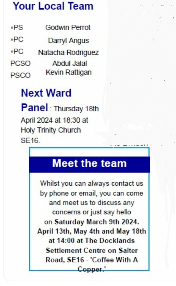 Saturday 13 April 2pm @MPSSurreyDocks
Docklands Settlement Salter Rd #SE16 5AA
'Coffee with a Copper'
@AdamMHood @NickDBJ69 @JaneSalmon4 
@canadawatersaf1 @DSettlements