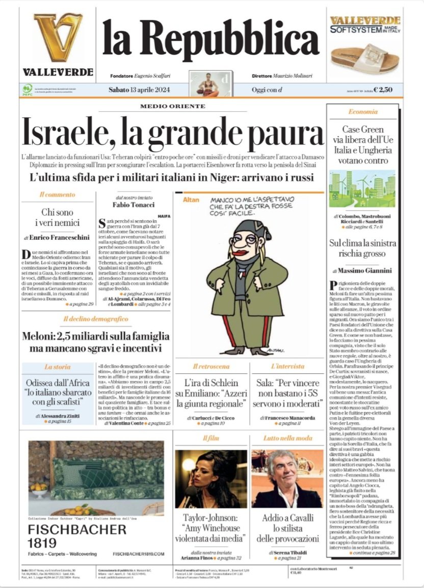 📰 LA PRIMA PAGINA DI REPUBBLICA MEDIO ORIENTE #Israele, la grande paura L'allarme lanciato da funzionari #Usa: #Teheran colpirà “entro poche ore con un missili e droni per vendicare l'attacco a #Damasco Diplomazie in pressing sull'Iran per scongiurare l'escalation. La…