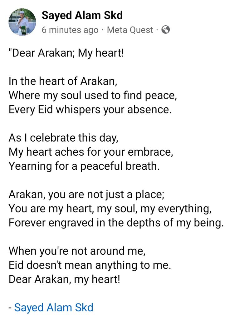 rosayedalamskd's tweet photo. "Dear Arakan; My heart!"

A poem that represents the inner feelings of thousands of #Rohingya, as we're celebrating the Eid Occasion absence of our birth land #Arakan. https://t.co/3MAy3OIiI8