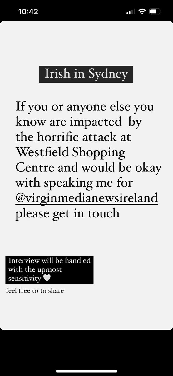 Thinking of all the Irish in Sydney today. If there are regulars of Westfield at Bondi Junction or anyone impacted by the horrific attack that would be okay with speaking to me for @VirginMediaNews please get in touch.