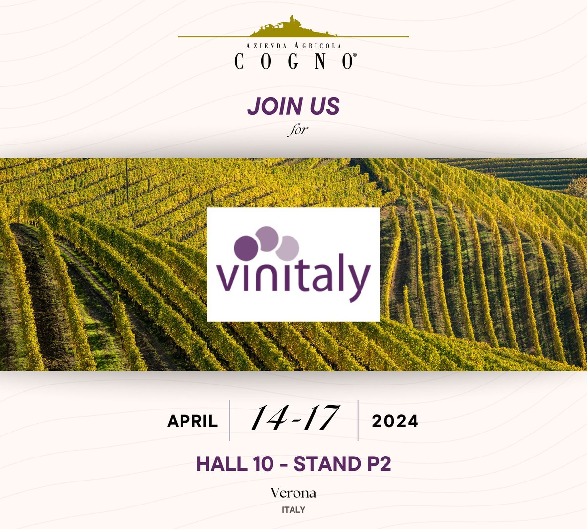 🍷 Elvio Cogno at @VinitalyTasting 2024

📅 From 14 to 17 April, 2024

📍Verona - Hall 10 Stand P2

Join us!

#elviocogno #vinitaly