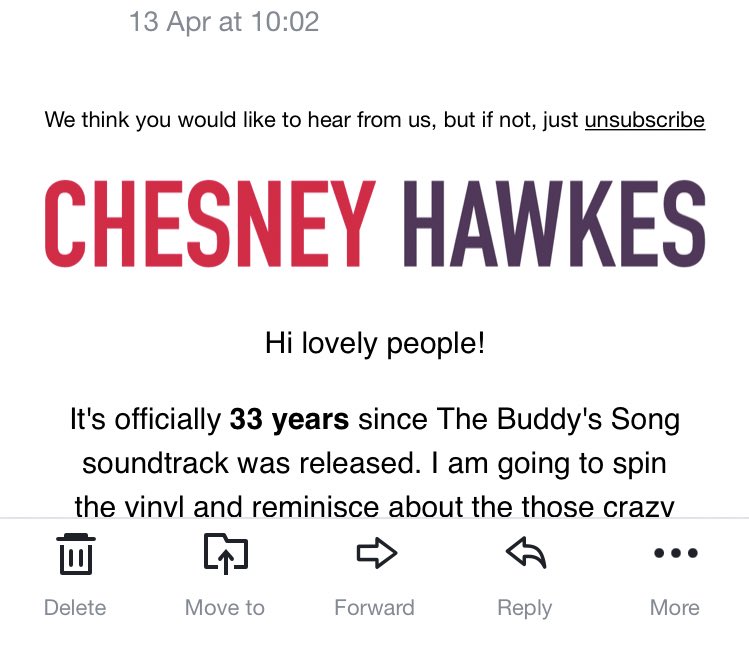 I signed up to Chesney Hawkes’ mailing list in the hope of winning a signed US version of his debut album to match the signed UK version I won in a raffle when I was 11