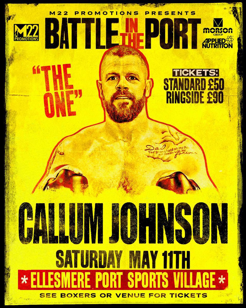 THE ONE RETURNS 🥊
World title challenger @CallumTheOne returns to the ring on 11.5.24 .
Boxing on the undercard of stable mate @1paulbutler01 World title fight on the Battle in the port show . 
Tickets available from venue & fighters .
#boxing #theone #battleintheport #M22