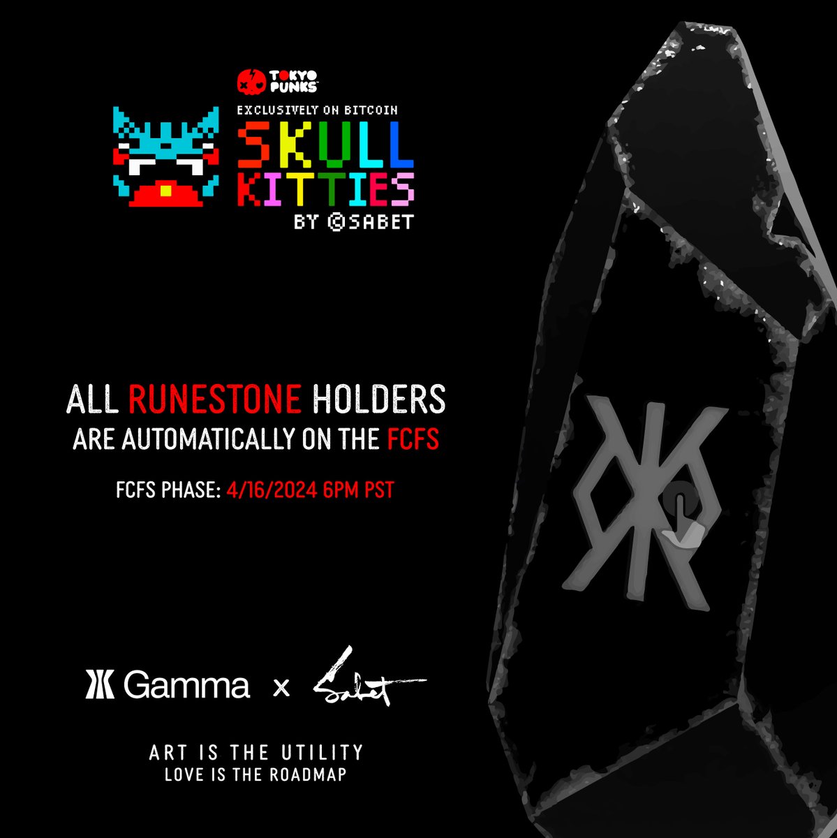🟧🔥 All RUNESTONE holders are Automatically Allow Listed for the First Come First Serve Phaase of the Skull Kitties drop on 4/16 - starting at 6PM PST!

See pinned tweet for more info!
#runestones #ordinals