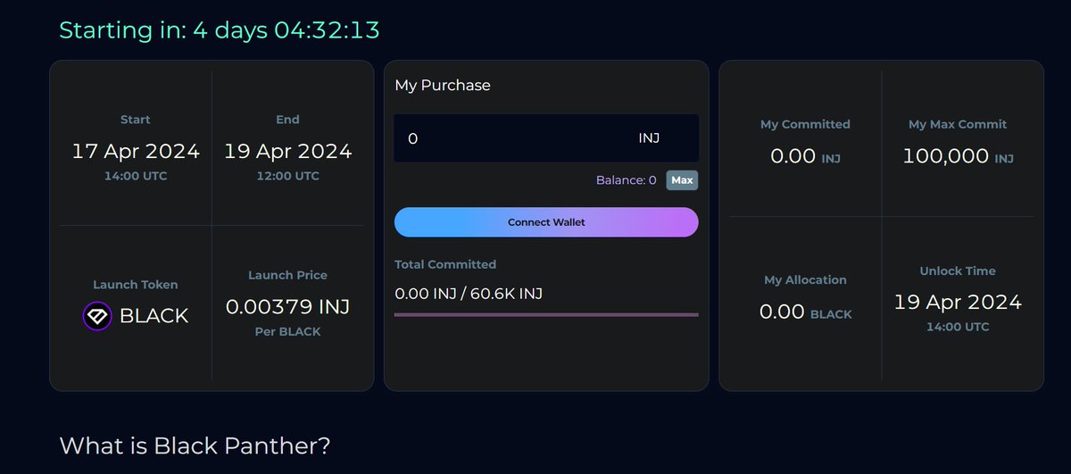 chennai2london's tweet photo. $BLACK token from @BlackPanther_Fi is launching in 3 Launchpads simultaneously on 17-Apr-24. This is probably one of the most anticipated tokens on @injective and can probably break the record of $HDRO token easily which was oversubscribed in the first 10 minutes and more than 10 times in the end with > 40 million $ committed. https://t.co/nNk3fqjRnd

But $HDRO & most tokens so far on @injective have been overflow model. Which means you subscribe for 50 $INJ - and 10x oversubscribed, so you will get only 5 $INJ worth of tokens in the end. As explained here - 

But what's interesting about $BLACK token is that first of all it is launching in 3 of the biggest Launchpad platforms of @injective 

1. @BlackPanther_Fi  own Launchpad Platform. FCFS Model.
2. @MitoFinance the platform that launched $HDRO . Model not confirmed.
3. @Dojo_Swap the platform with most Launches.  Model not confirmed.

But the main concern as raised below on the question is that the Launchpad is an FCFS model. First come first serve.

Many projects have done FCFS before on other ecosystems and it usually sells out in seconds. 90% Small investors won't get any as their transactions will fail against the high gas fees set by the Whales. I am not a big fan of FCFS. But at least in many such cases the max commit per wallet is a little fair allowing a few hundred wallets to participate. But here the biggest concern is the max commit per wallet. 

Each wallet is allowed to commit 100,000 $INJ - that is more than the entire tokens on Sale at 60,000 $INJ. So if 10 whales buy at 10,000 $INJ then no one else will get any tokens. That looks extremely unfair on retail investors.

I hope the @BlackPanther_Fi team consider a more fairer allocation given the expected demand that would be there and reduce the max commit per wallet amount. 

I also sincerely hope the Launchpad models of @MitoFinance and @Dojo_Swap are not FCFS for such a major launch.