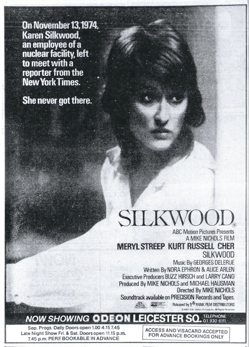 On this day, April 13th, 1984, SILKWOOD, directed by Mike Nichols and starring Meryl Streep, Kurt Russell and Cher, opened in London at the Odeon, Leicester Square..