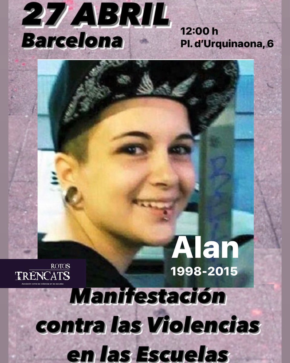#27A #elacosoescolarmata 
Con 17 años a Alan le costó la vida ser quien era. Logró convertirse en el primer menor transexual reconocido en Cataluña tras obtener un cambio del DNI acorde con su sexo sentido, pero el daño irreversible que le produjo el acoso escolar que llevaba