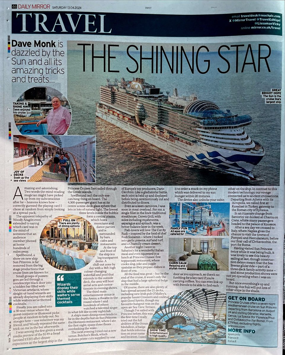 My review of new @PrincessCruises ship Sun Princess in today’s Daily Mirror and Express (picture taken at stop on car ride so not the best! 😂)