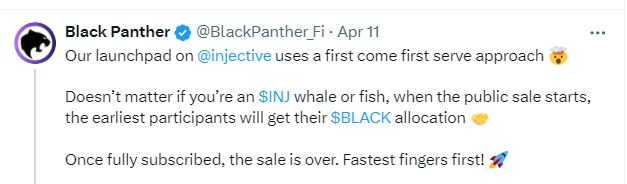 chennai2london's tweet photo. $BLACK token from @BlackPanther_Fi is launching in 3 Launchpads simultaneously on 17-Apr-24. This is probably one of the most anticipated tokens on @injective and can probably break the record of $HDRO token easily which was oversubscribed in the first 10 minutes and more than 10 times in the end with > 40 million $ committed. https://t.co/nNk3fqjRnd

But $HDRO & most tokens so far on @injective have been overflow model. Which means you subscribe for 50 $INJ - and 10x oversubscribed, so you will get only 5 $INJ worth of tokens in the end. As explained here - 

But what's interesting about $BLACK token is that first of all it is launching in 3 of the biggest Launchpad platforms of @injective 

1. @BlackPanther_Fi  own Launchpad Platform. FCFS Model.
2. @MitoFinance the platform that launched $HDRO . Model not confirmed.
3. @Dojo_Swap the platform with most Launches.  Model not confirmed.

But the main concern as raised below on the question is that the Launchpad is an FCFS model. First come first serve.

Many projects have done FCFS before on other ecosystems and it usually sells out in seconds. 90% Small investors won't get any as their transactions will fail against the high gas fees set by the Whales. I am not a big fan of FCFS. But at least in many such cases the max commit per wallet is a little fair allowing a few hundred wallets to participate. But here the biggest concern is the max commit per wallet. 

Each wallet is allowed to commit 100,000 $INJ - that is more than the entire tokens on Sale at 60,000 $INJ. So if 10 whales buy at 10,000 $INJ then no one else will get any tokens. That looks extremely unfair on retail investors.

I hope the @BlackPanther_Fi team consider a more fairer allocation given the expected demand that would be there and reduce the max commit per wallet amount. 

I also sincerely hope the Launchpad models of @MitoFinance and @Dojo_Swap are not FCFS for such a major launch.