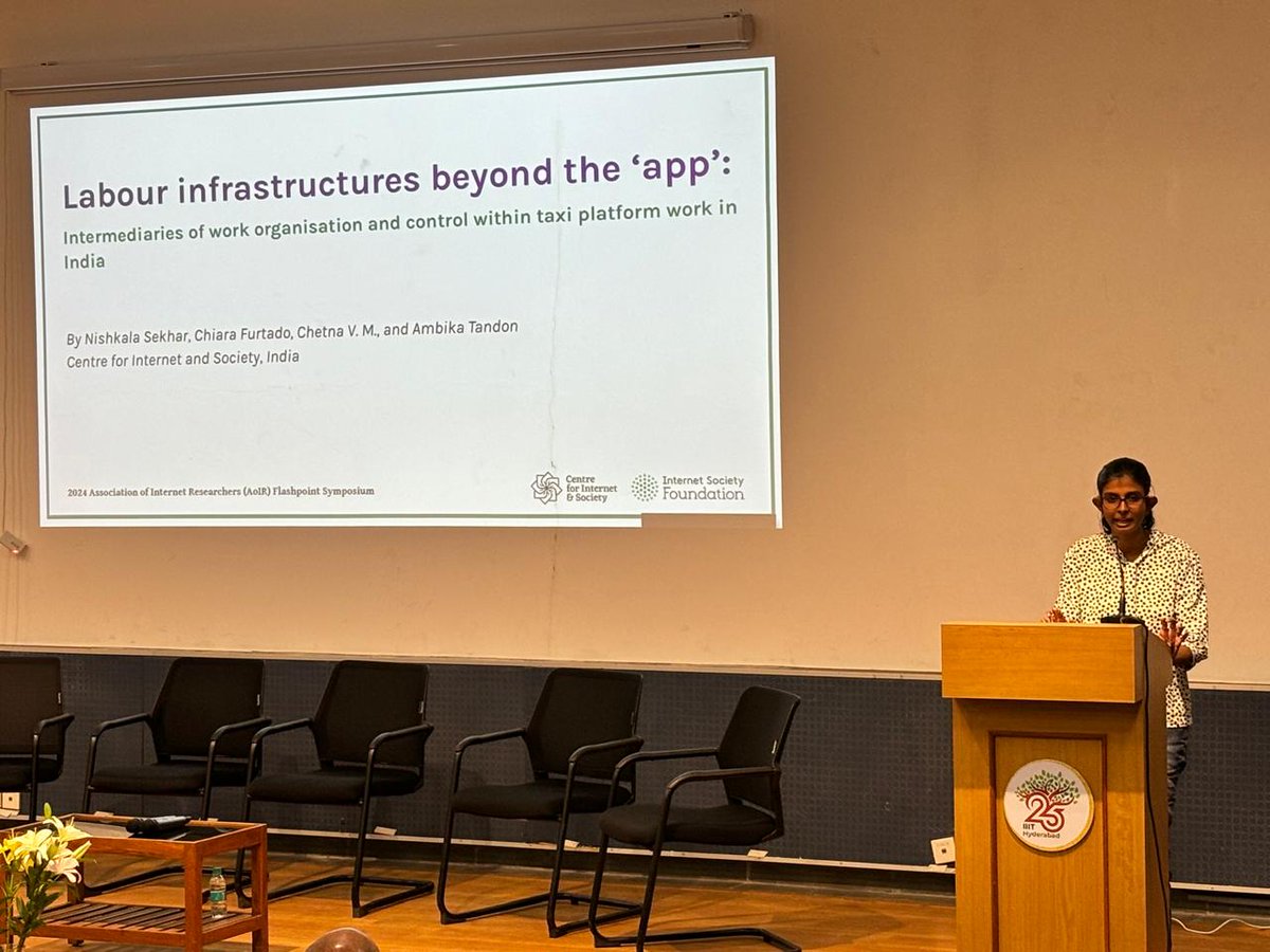 The next presentation is by @nishkala_sekhar from @cis_india. She presents findings about the intermediaries in ride-hailing gig work; labour infrastructures beyond the 'app'