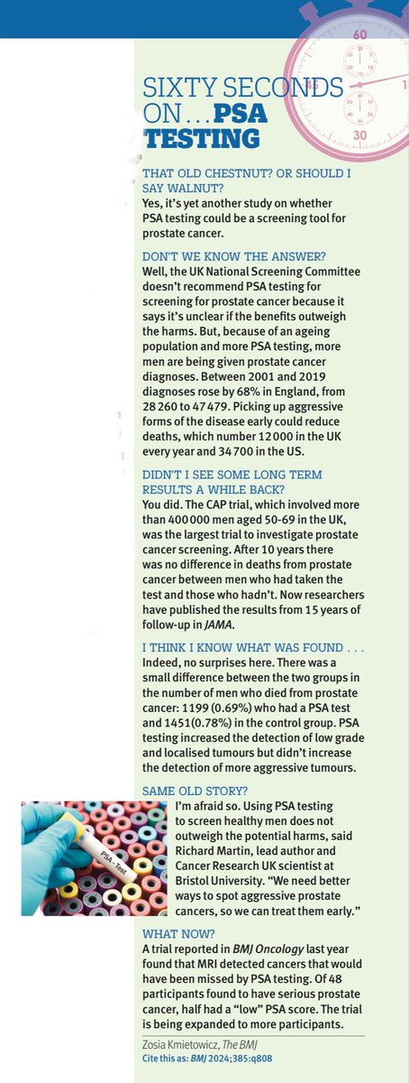 The discussion over whether PSA testing is useful to detect prostate cancer continues in this week’s @bmj_latest with this “60 seconds on…” report by @zosiamk. TLDR? Still no clear evidence that screening is effective & there is harm. Link here: bmj.com/content/385/bm…