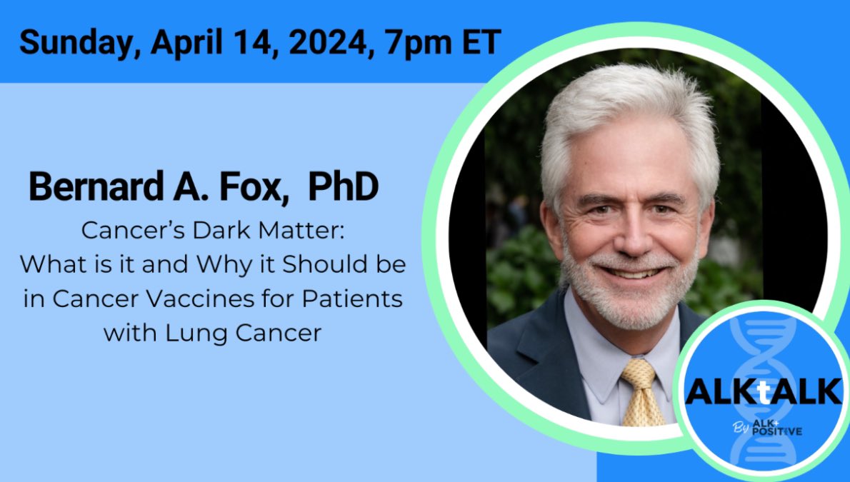 Vaccines are super hot in #lungcancer #research. Can we use them in ALK+ cancer? What’s on the horizon? Are they all created equally? 

Join our ALKtALK tomorrow (3/14) at 7pm ET to hear Dr @BernardAFox of @ChilesResearch @UbiVac cover all w Dr Ken Culver alkpositive.org/alktalk