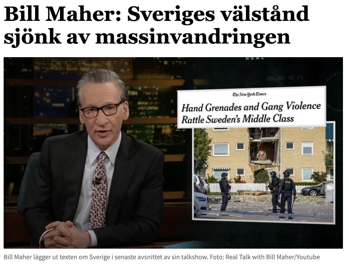 'Det är inte en tillfällighet att livskvaliteten [i Sverige] sjönk efter att somaliska gäng startat [krig om kontroll av knarkförsäljning] och använt handgranater. Att kalla det rasism löser inte problemet'
@billmaher kommenterar utvecklingen i Sverige.
bulletin.nu/bill-maher-sve…