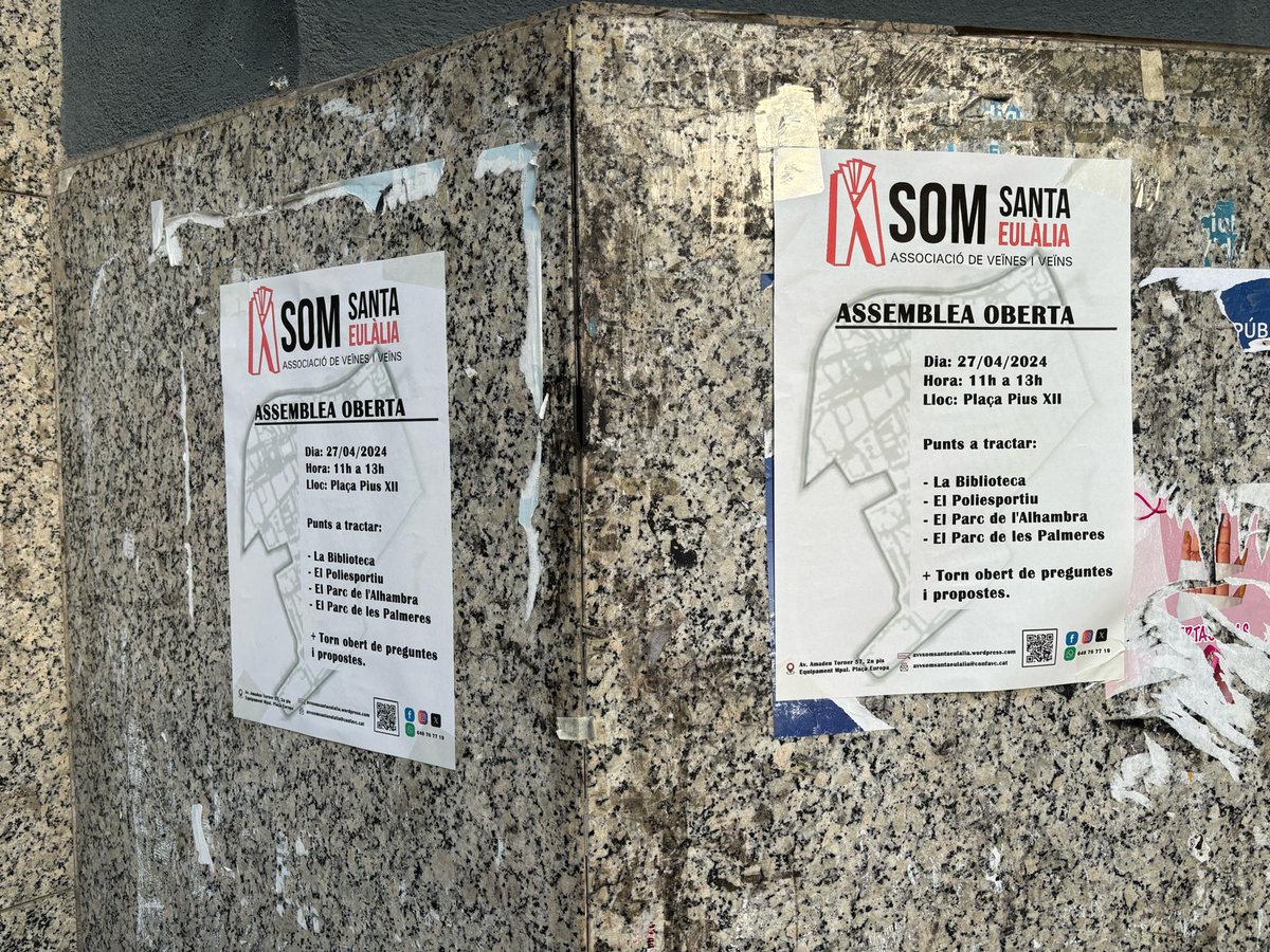 🔊🔊 *AViV Som Santa Eulàlia INFORMA* 🔊🔊
*Assemblea oberta al barri* 
📆 27/04
🕠 11h
📍Plaça Pius XII, davant del mercat

Veïnes i veïns de Santa Eulàlia, us hi esperem! *Construïm el futur del nostre barri!